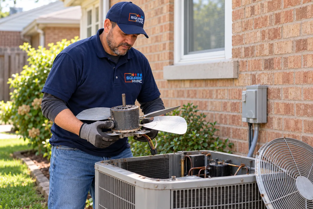 Illustrative scene of the SquareHVAC owner inspecting a removed residential AC fan motor