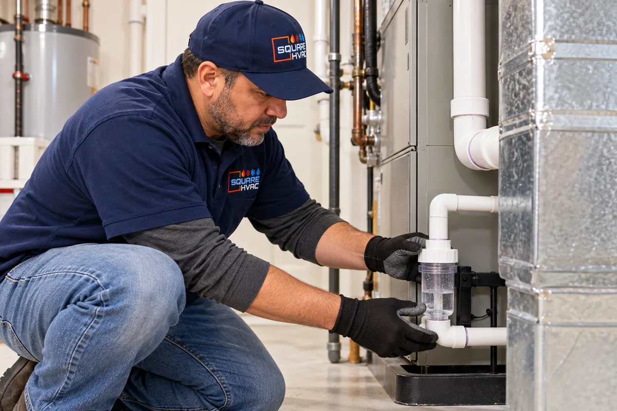 Illustrative scene of the SquareHVAC owner checking a new furnace condensate drain