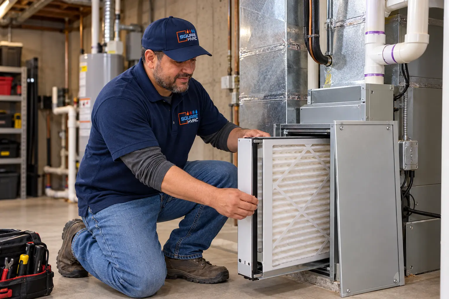 SquareHVAC technician fitting a whole-home media air filter beside a furnace