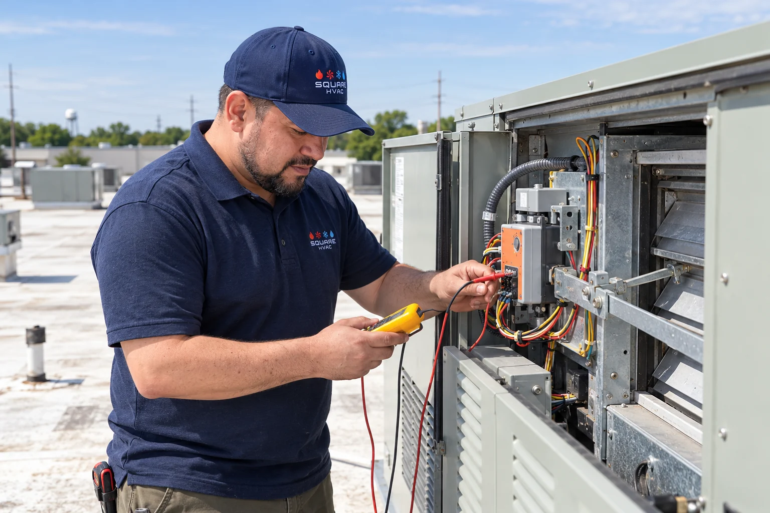 SquareHVAC owner inspecting a rooftop unit economizer in Elk Grove Village