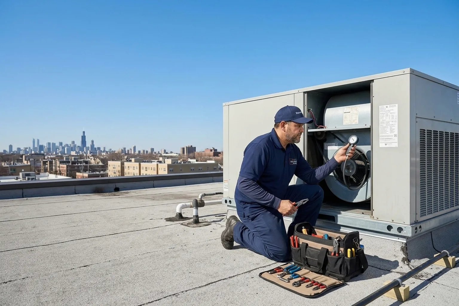 SquareHVAC owner servicing a rooftop unit on an Elk Grove Village business