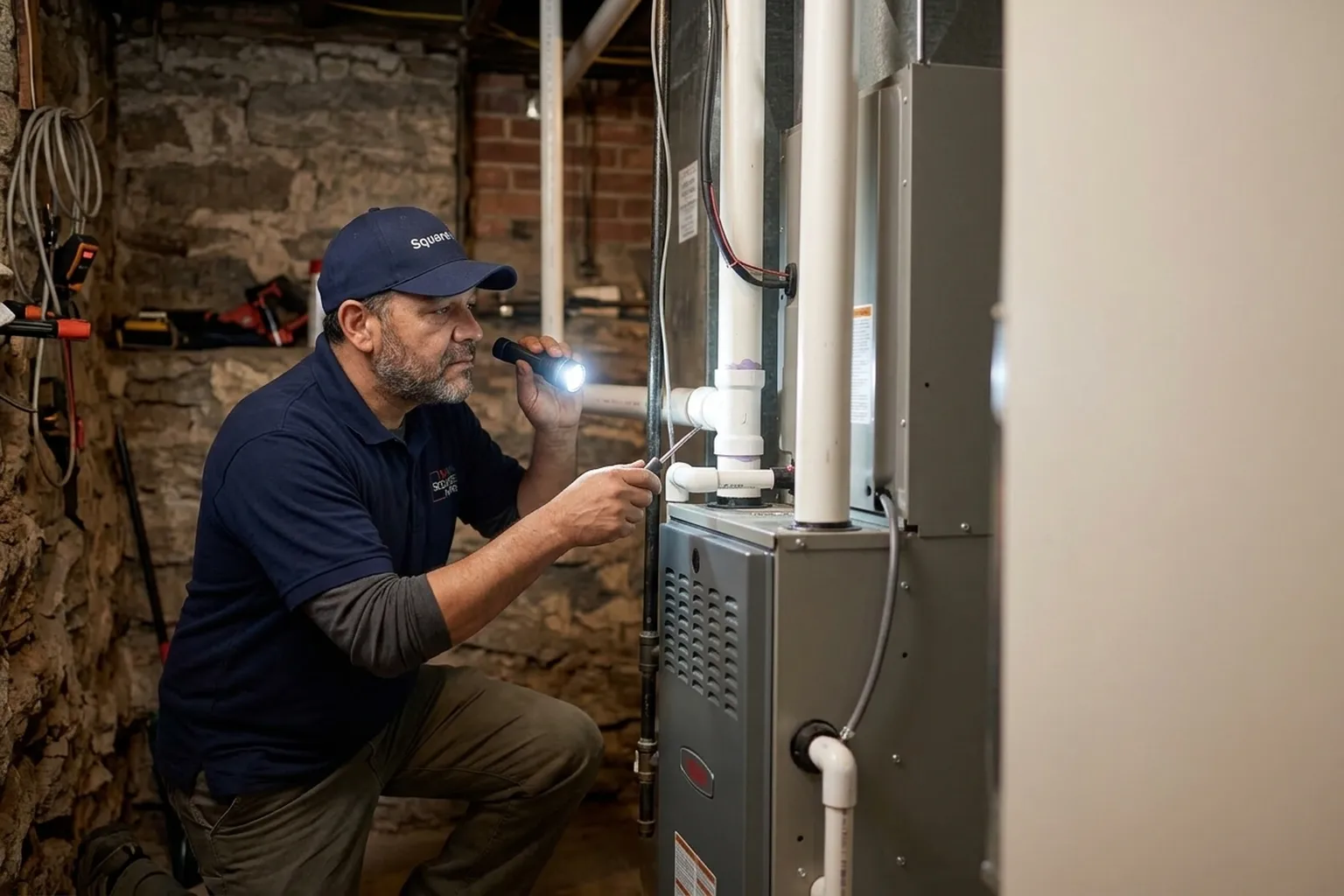 SquareHVAC owner inspecting furnace venting in an older Glen Ellyn home