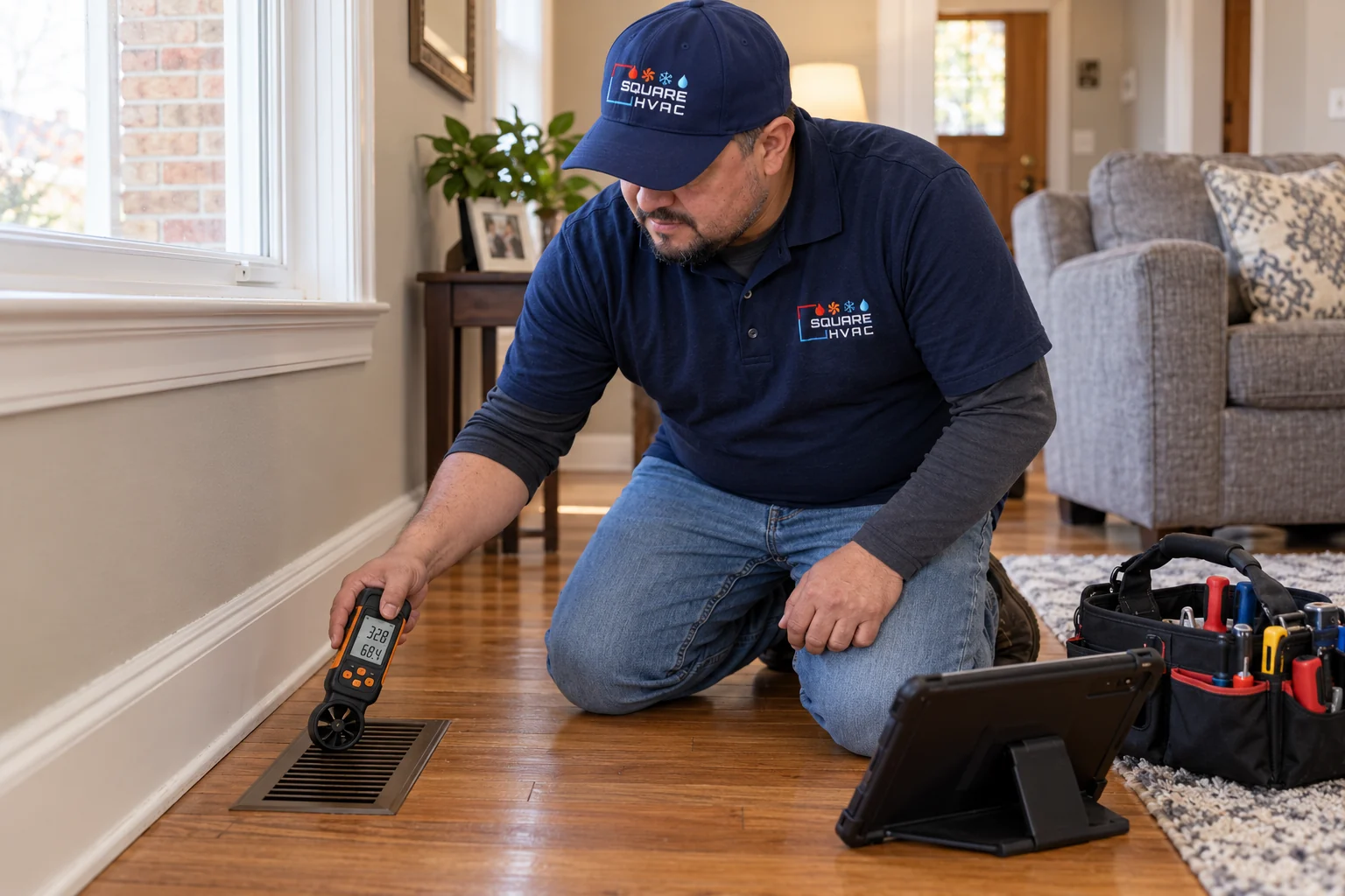 SquareHVAC owner measuring airflow at a floor vent in a Hillside home