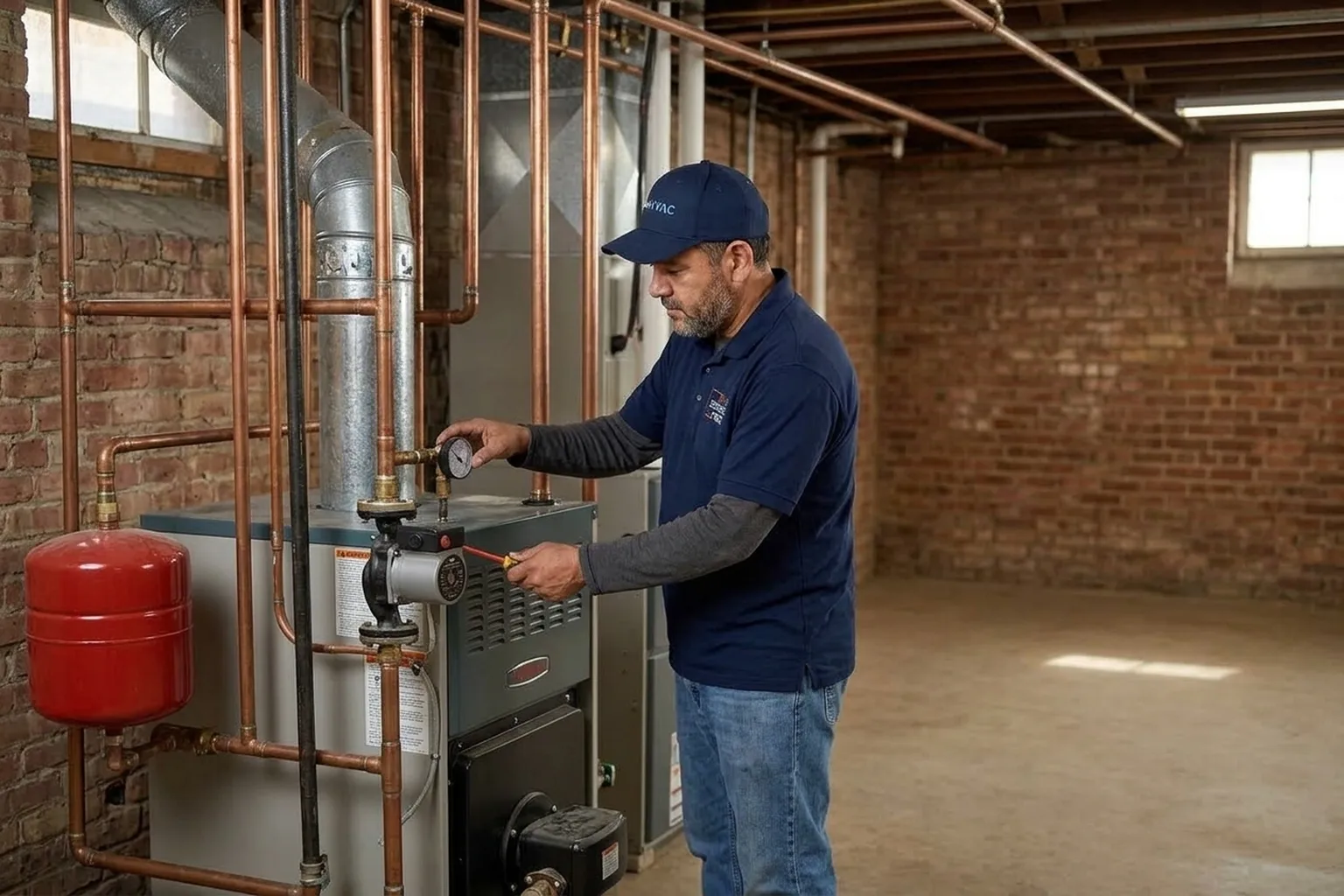 SquareHVAC owner servicing a boiler in a Hinsdale home