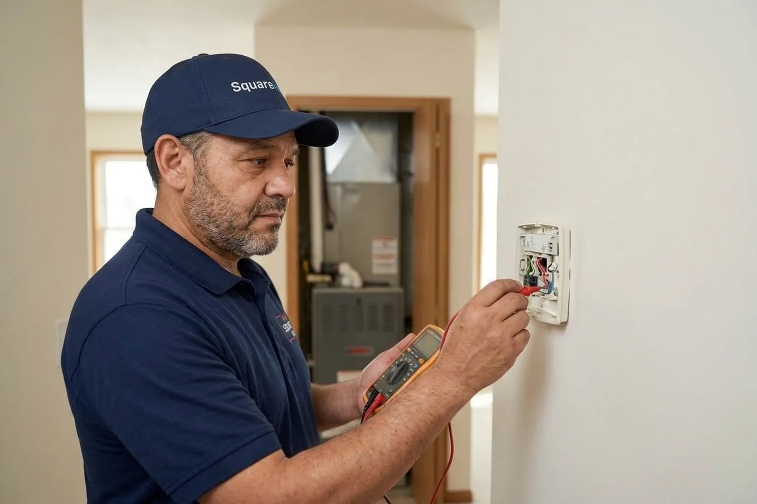 SquareHVAC owner testing a thermostat in a Schaumburg townhome