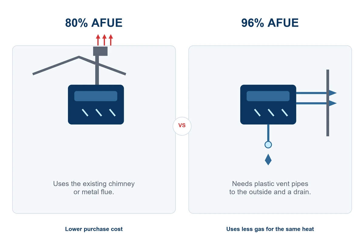 An 80% AFUE furnace venting up through the existing chimney, labeled lower purchase cost, beside a 96% AFUE furnace with plastic vent pipes to the outside and a drain, labeled uses less gas for the same heat