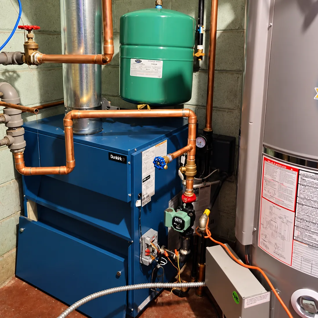 Gas boiler with copper piping and an expansion tank in a boiler room