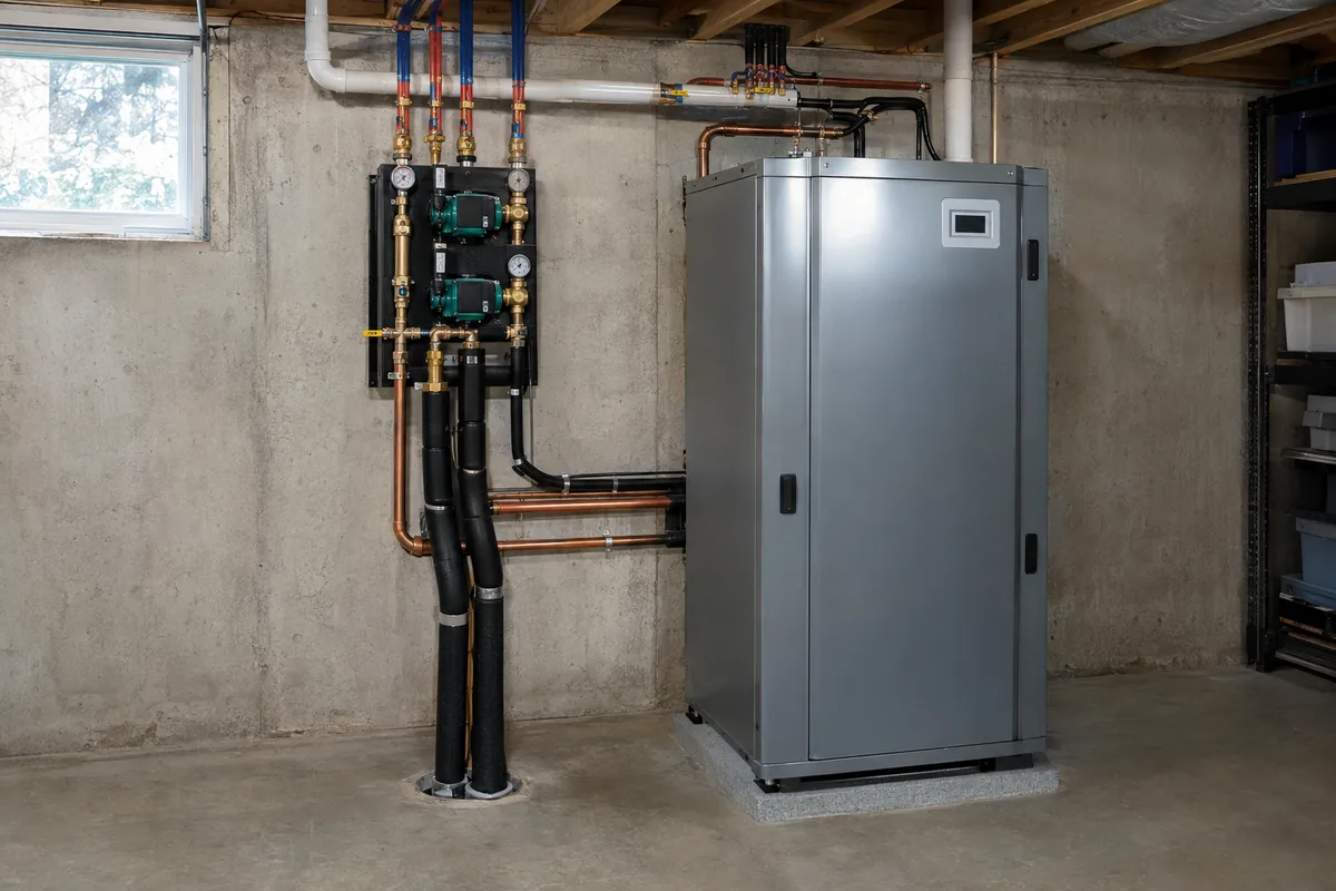 A geothermal heat pump with its flow center and ground-loop pipes in a basement